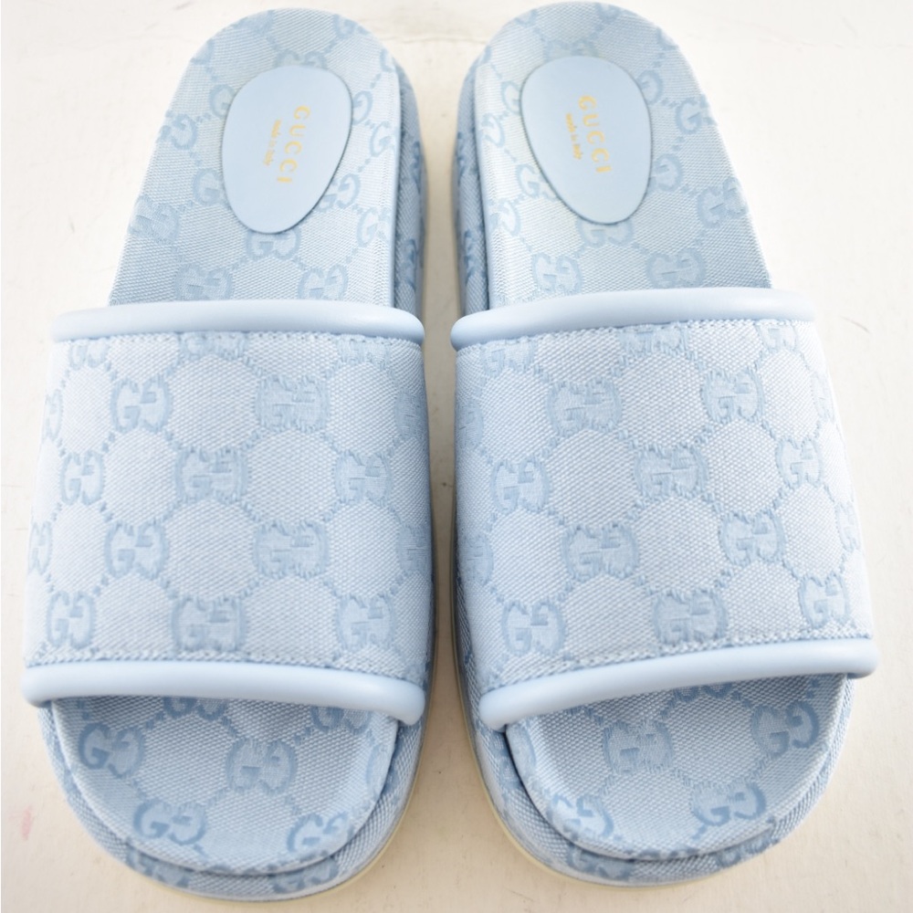 Gucci Light Blue GG Monogram Logo Canvas Mule Flat Slide Platform Sandal 39 - Picture 6 of 16